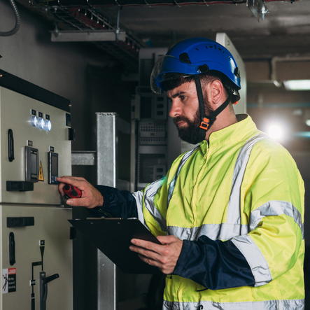 person on a radioactive switch board